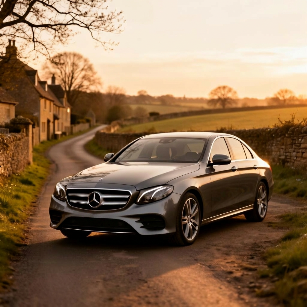 Grey Mercedes-Benz E-Class on a Cotswolds country lane
