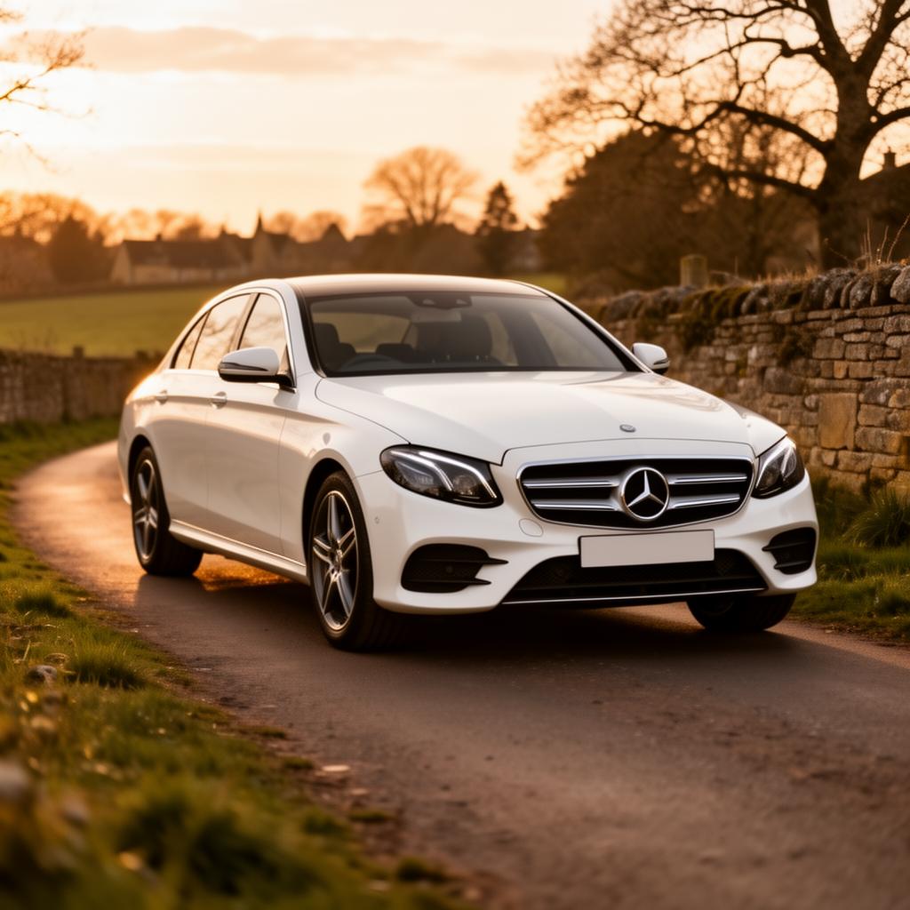 White Mercedes-Benz E-Class on a Cotswolds country lane