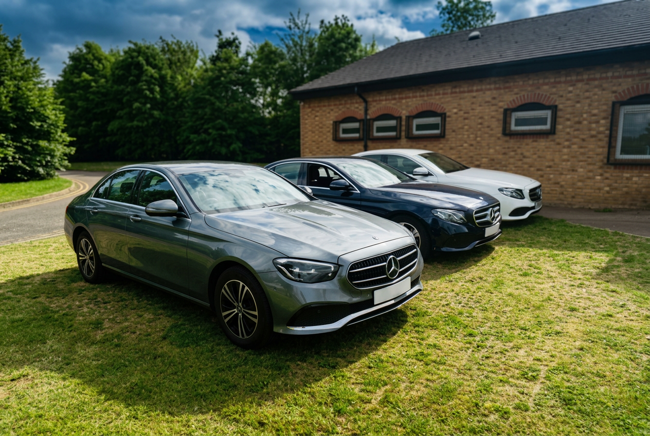 Three Mercedes-Benz E-Class saloons — grey, black and white — parked outside the depot