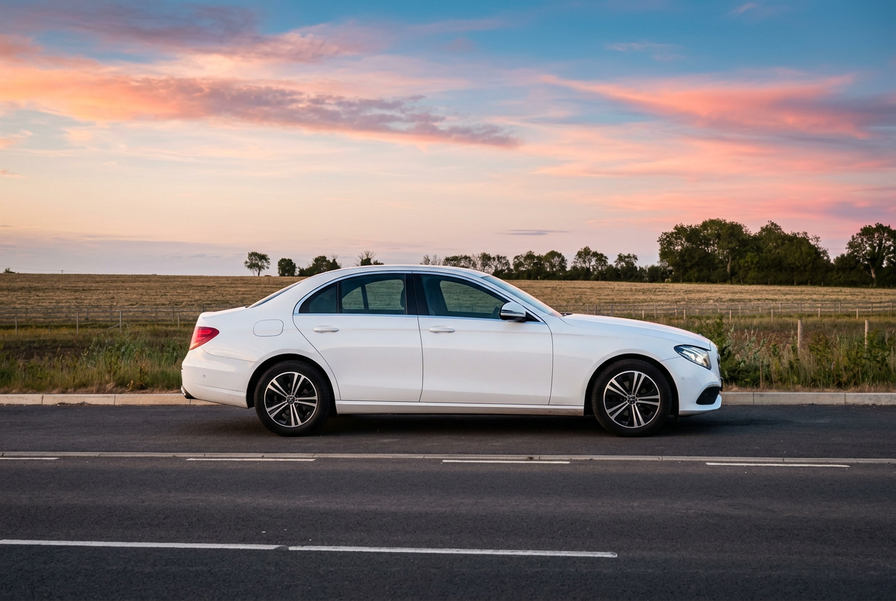 White Mercedes-Benz E-Class on a country road under a pastel sunset