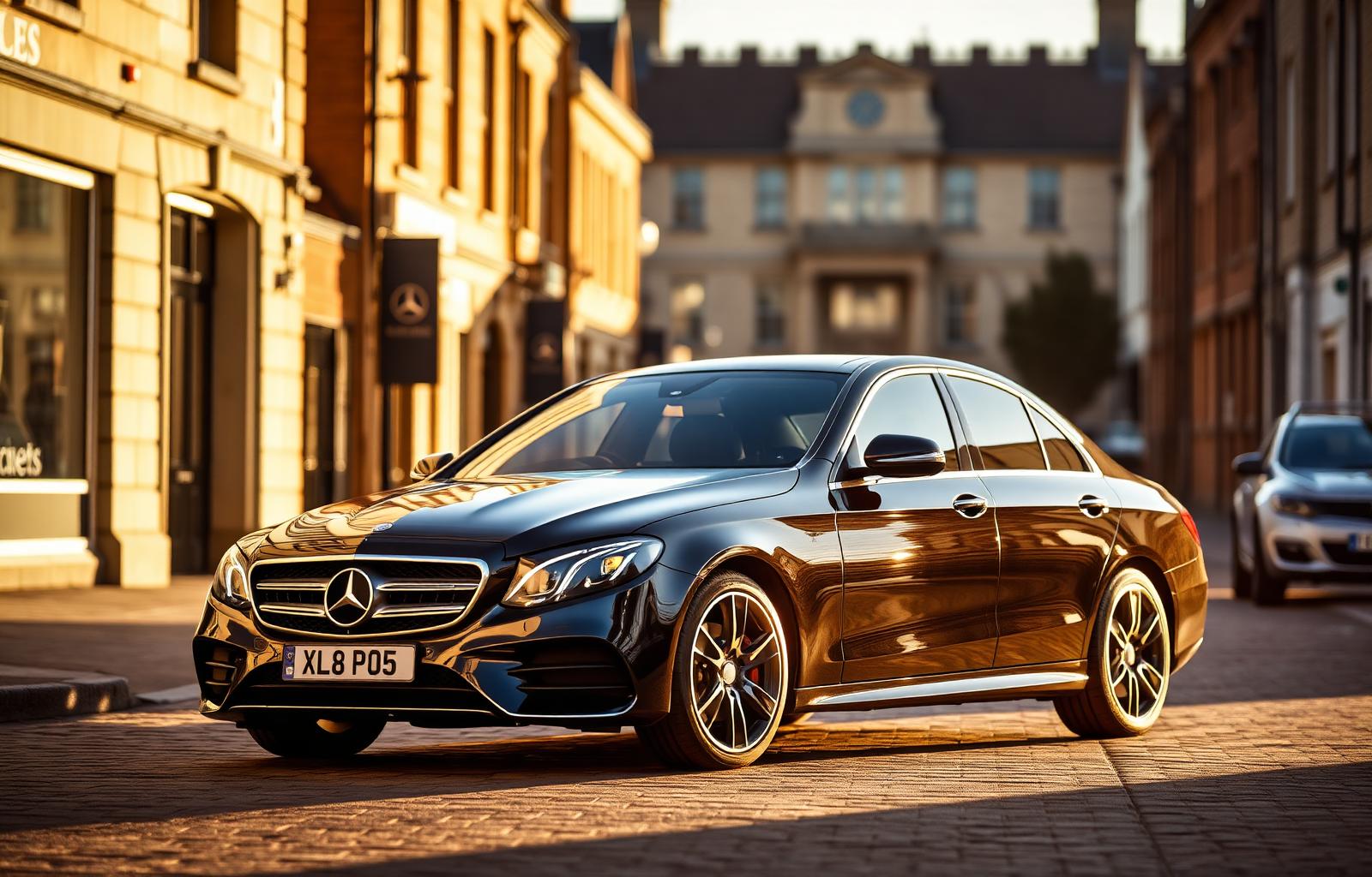 Mercedes-Benz E-Class parked on Brackley Market Place at golden hour