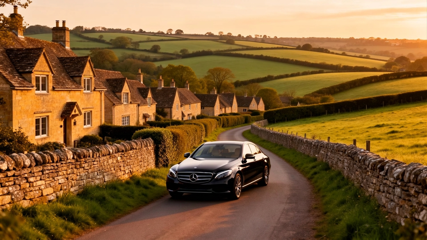 Mercedes-Benz on a Cotswolds country lane at golden hour