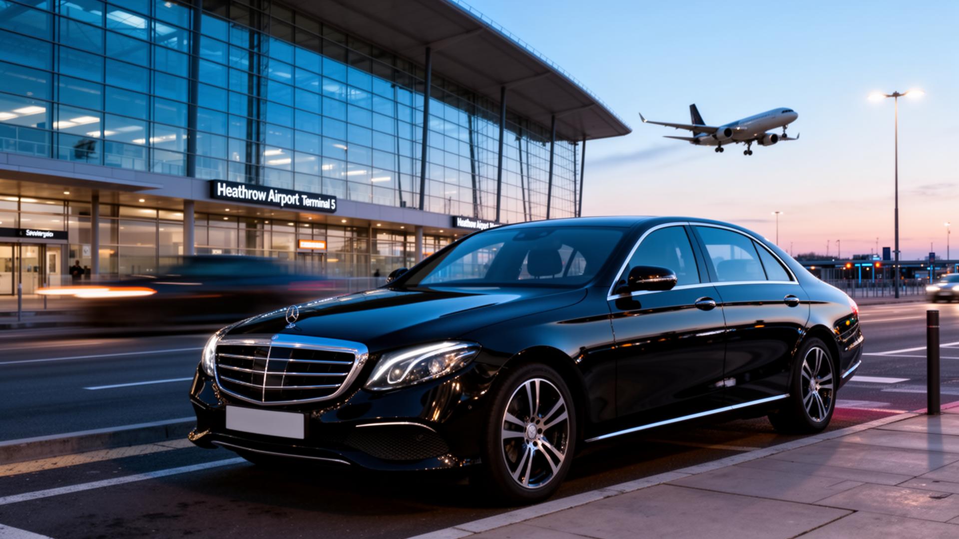 Black Mercedes-Benz E-Class at Heathrow Terminal 5 at dawn