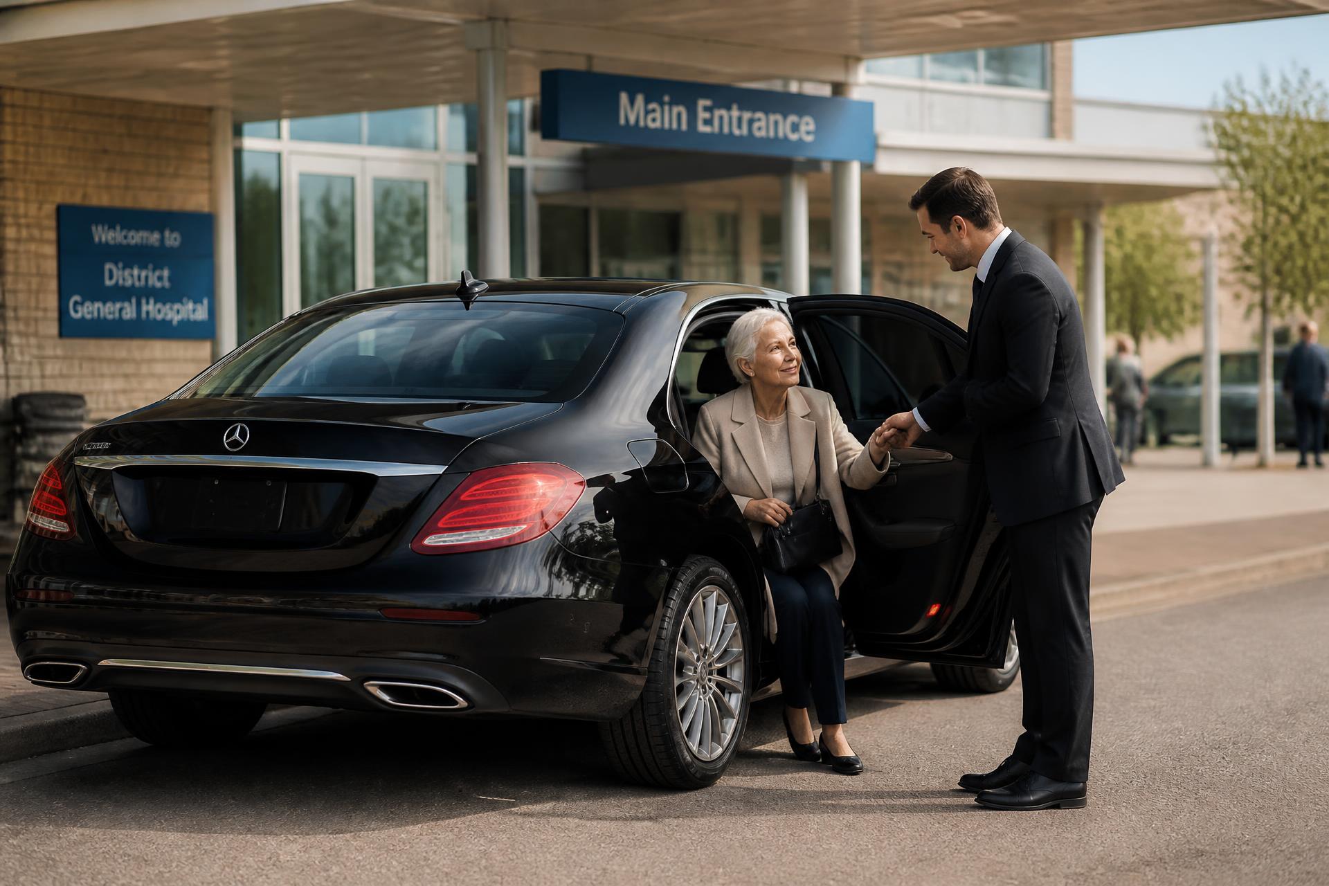 A courteous driver helping an elderly passenger out of a black Mercedes-Benz at a hospital entrance